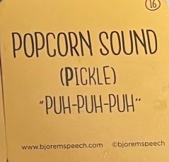 photo of the other side of the popcorn card for a children's speech therapy session at Westside in Illinois