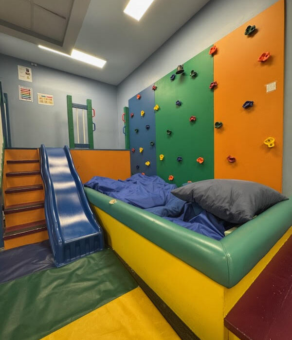 children's play or therapy room with low wooden shelving units holding toy vehicles and books