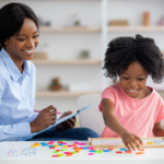 A BCBA therapist taking notes while a young girl works on a learning activity during an ABA therapy session.