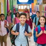 A diverse group of smiling elementary school children walking through a colorful school hallway with backpacks, representing back to school and IEP planning for kids with autism.