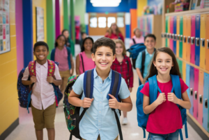 A diverse group of smiling elementary school children walking through a colorful school hallway with backpacks, representing back to school and IEP planning for kids with autism.