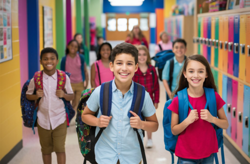 A diverse group of smiling elementary school children walking through a colorful school hallway with backpacks, representing back to school and IEP planning for kids with autism.