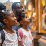 A father and two children looking up with wonder during a museum visit, representing sensory-friendly and inclusive events for families in the Chicago area.