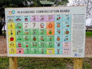 Close-up of a playground communication board with color-coded picture symbols for words like want, swing, slide, help, take a break, and all done, plus a guide for adults on how to model language using the board.