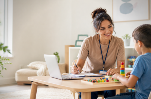A smiling ABA clinician takes notes on a clipboard beside a laptop while a young boy works on a colorful peg activity at a therapy table.