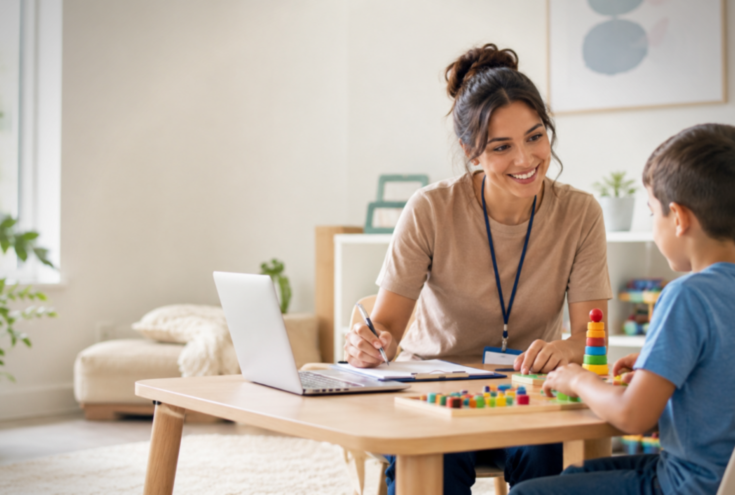 A smiling ABA clinician takes notes on a clipboard beside a laptop while a young boy works on a colorful peg activity at a therapy table.