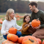 A smiling mother, father, and young child kneel together in a pumpkin patch holding orange pumpkins, representing sensory-friendly and inclusive fall events for families in the Chicago area.
