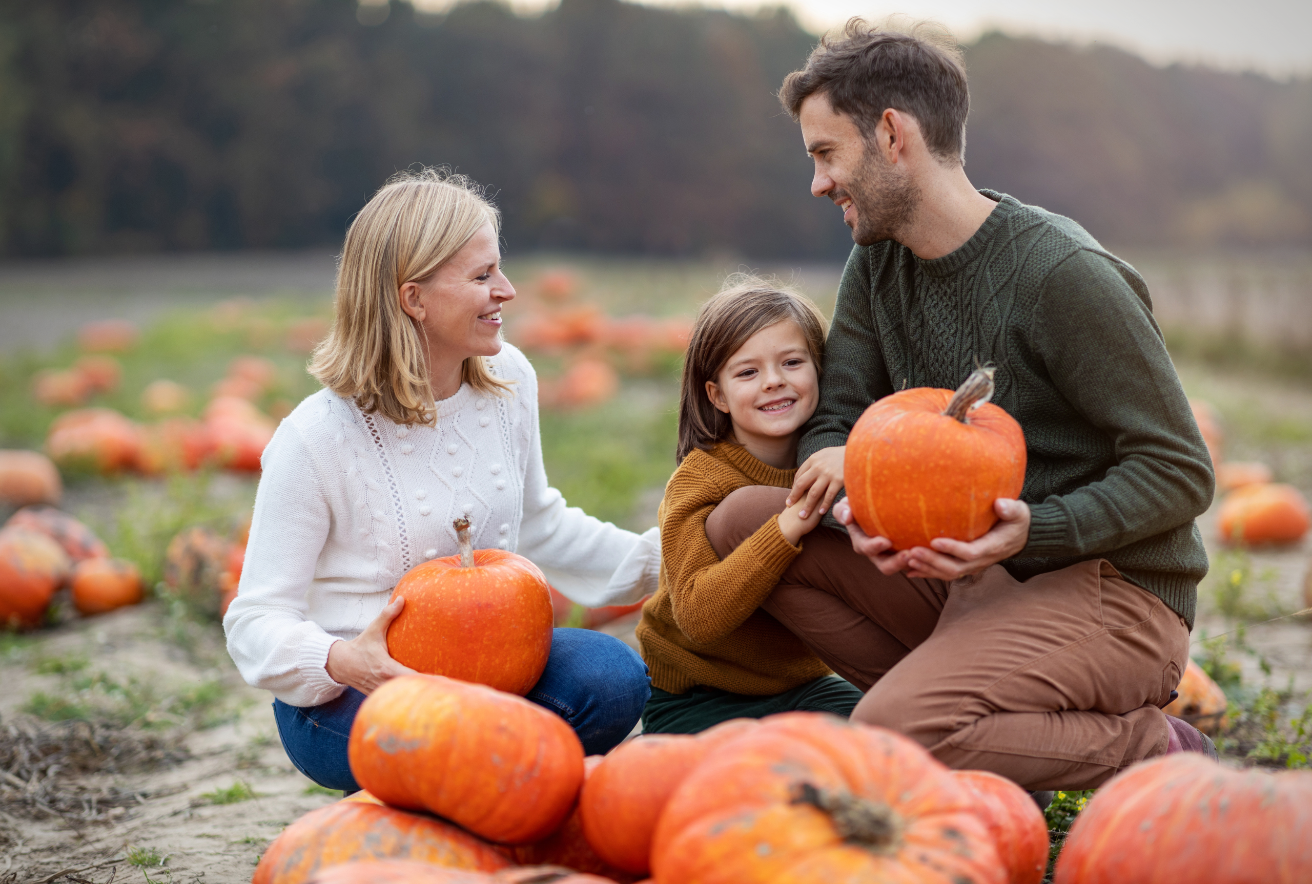 A smiling mother, father, and young child kneel together in a pumpkin patch holding orange pumpkins, representing sensory-friendly and inclusive fall events for families in the Chicago area.